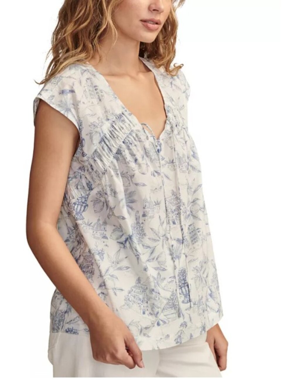 Toile-Print Ruched Tie-Front Top | M | NWOT | Lucky Brand | Blue Toile